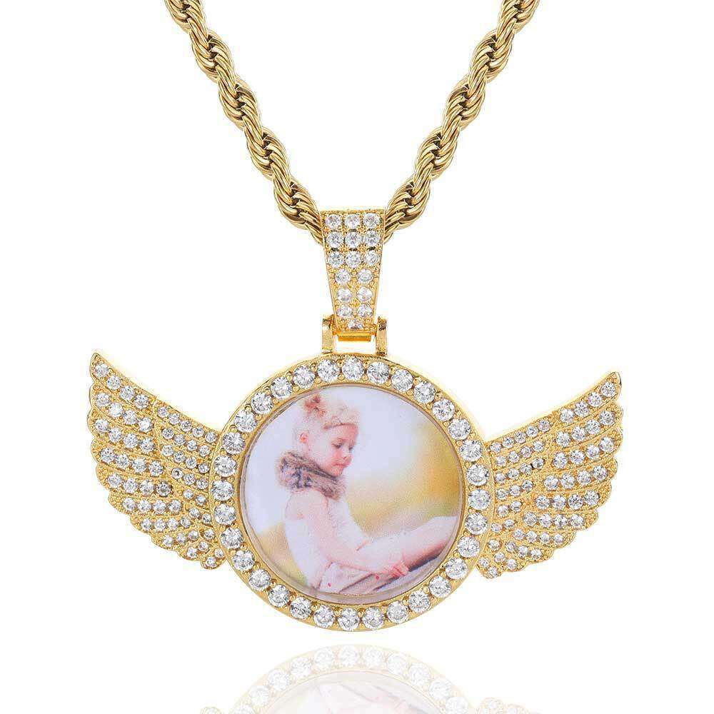 Hip Hop Memory Small Round Photo Angel Wings Frame Pendant Micro Paved Zircon Men's Necklace 675e