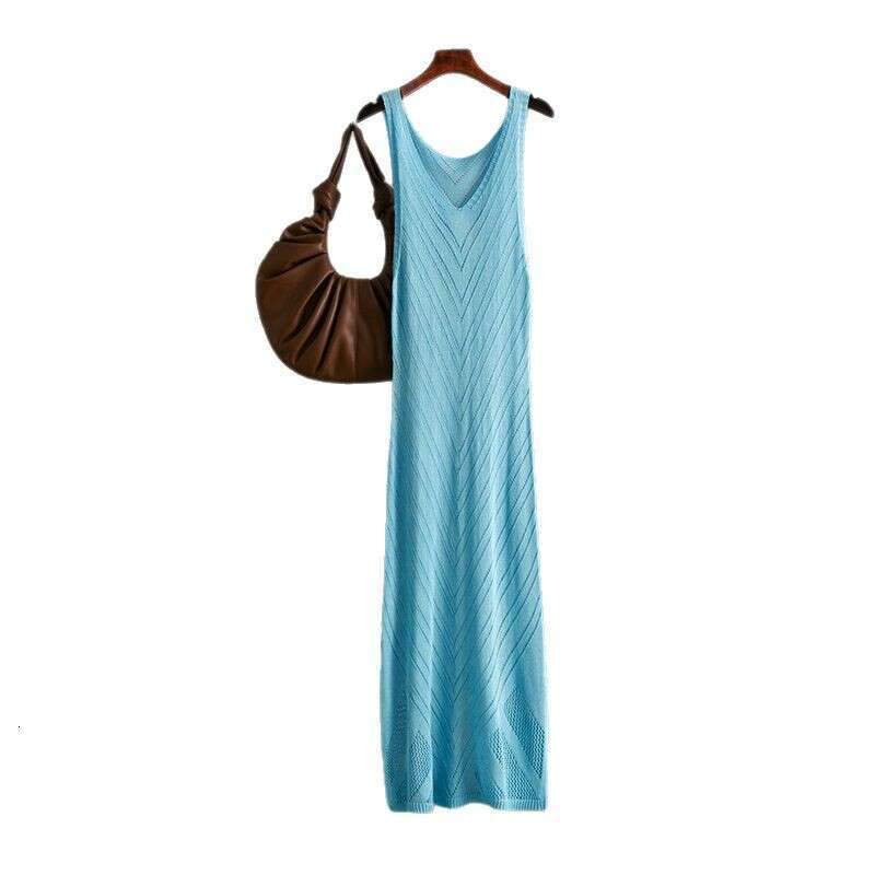 Knitted V-neck Hollow Sexy Split Vacation Long Beach Bikini Cover-up Dress