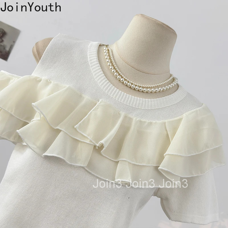 Women Clothing 2025 Ruffles Summer T Shirts Ropa Mujer Short Sleeve O-neck Camisetas Contrast Color Off Shoulder Ruffles T-shirt