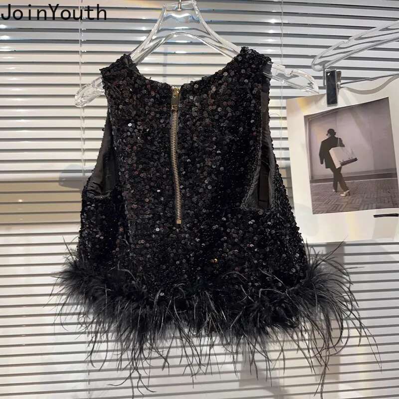 Women Clothing Korean Tanks O-neck Sleeveless Feather Temperament Vest Chic Summer Camis Heavy Sequin Crop Tops 2025 Ropa Mujer