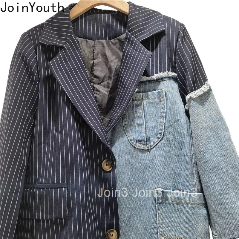 Womens Suit Jacket Striped Patchwork Denim Outwear Streetwear Y2k Tops Fashion Outwear Casual Irregular Coat 2025 Ropa Mujer