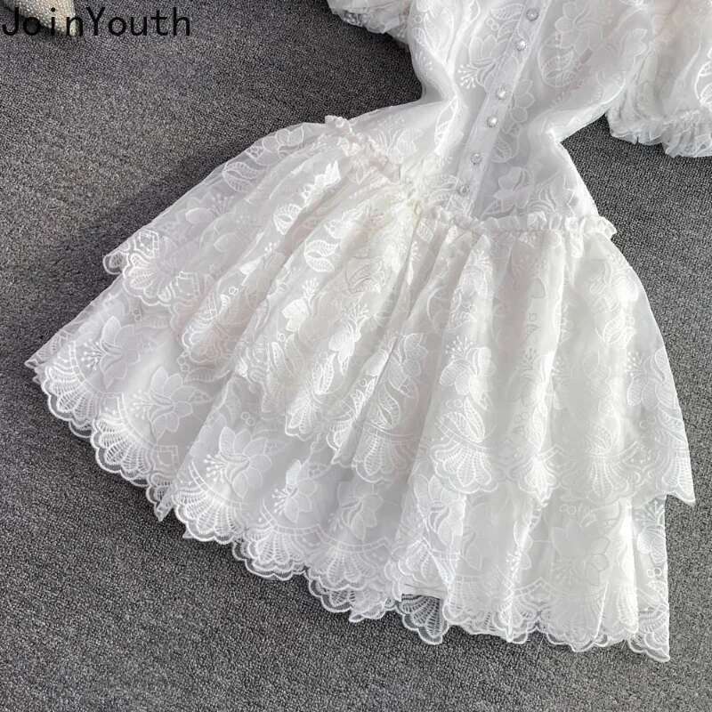 2025 Vestidos De Mujer Summer Dresses for Women Temperament Tunic Lace White Robe Femme Puff Sleeve Embroidery Fashion Dress