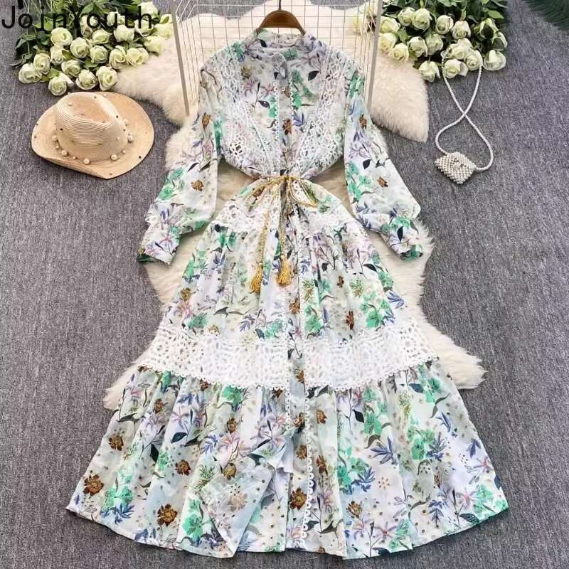 Floral Dress for Women Lace Stand Neck Single Breasted Slim Waist Robe Femme 2025 Vestidos De Mujer Vintage Summer Maxi Dresses