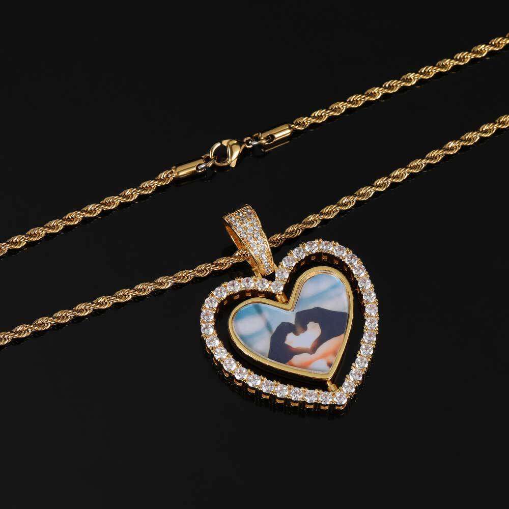 Hip Hop Rotatable Double-Sided Heart with Zircon Inlay Hollow Frame Necklace Photo Pendant 95a1