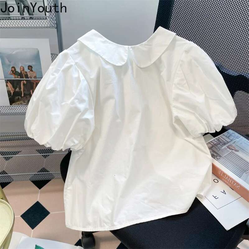Sweet Blouse Women Bandage Turndown Collar Puff Sleeve White Shirts 2025 Blusas Mujer De Moda Summer Fashion Cute Korean Tops