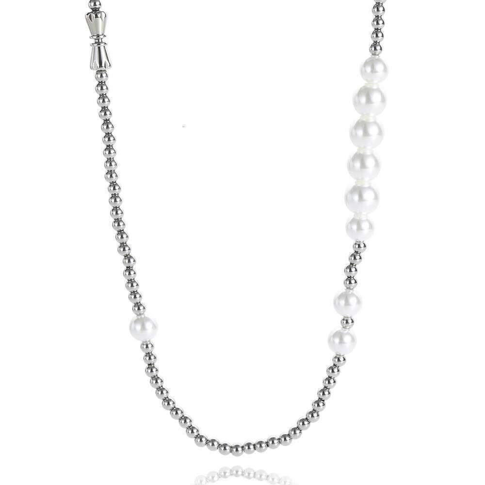 Hip Hop Stainless Steel Ball Bead Mixed Glass Pearl Necklace Palace Style Niche Design Clavicle Chain c160