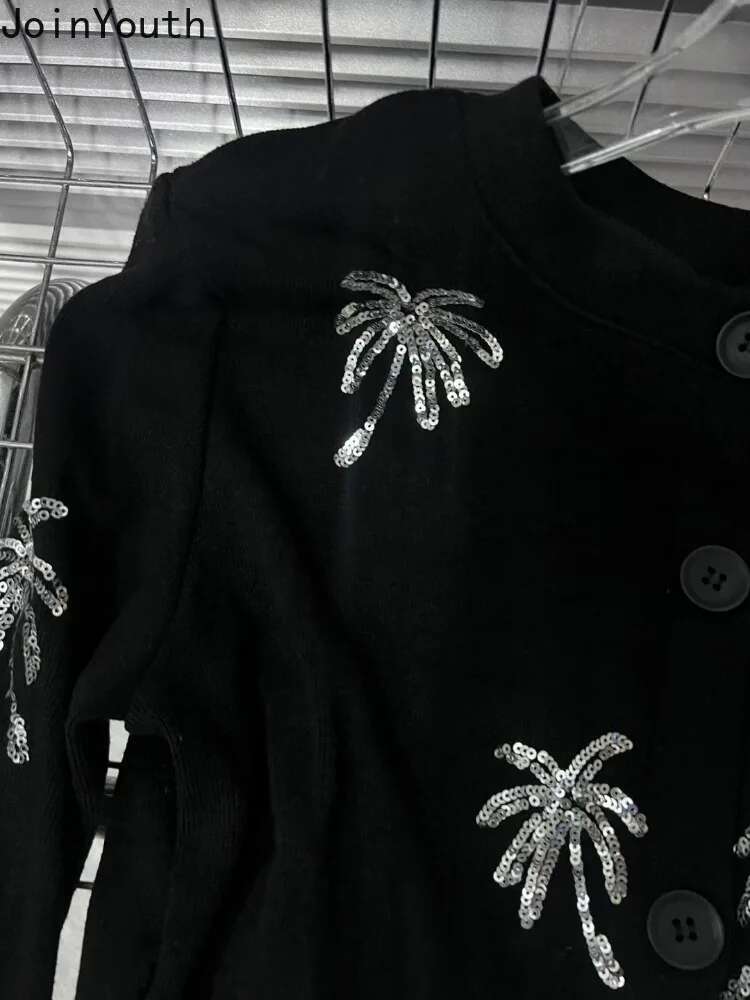 2025 Women Cardigan Patchwork Ruffles Sequin Sueter Mujer O-neck Casual Black Pull Femme Vintage Knitting Korean Sweater Tops