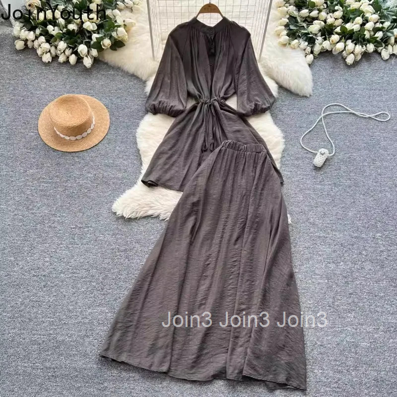 Skirt Outfits Summer 2 Piece Set Womens Clothing Bandage Long Blouses High Waist A-line Skirts Suit Roupas Femme Vintage Sets