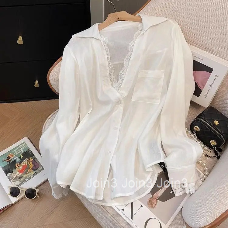 Temperament Tops White Blouses Women Clorhing 2025 Blusas Mujer De Moda Fake Two Shirts Patchwork Lace Simple Oversized Blouse