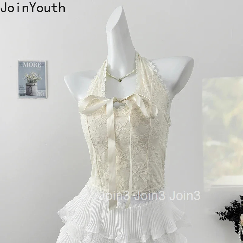 Chic Crop Top Sexy Vest Womens Clothing V-neck Bandage Sleeveless Tunic Camis 2025 Ropa Mujer Backless Lace Folds Summer Tanks