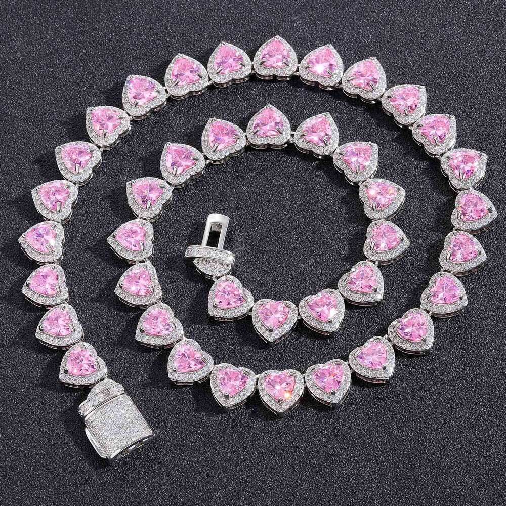 Ins 10mm Heart Micro-Paved Pink Zircon Necklace Personality Sweet Women's Hip-Hop Accessories 318a