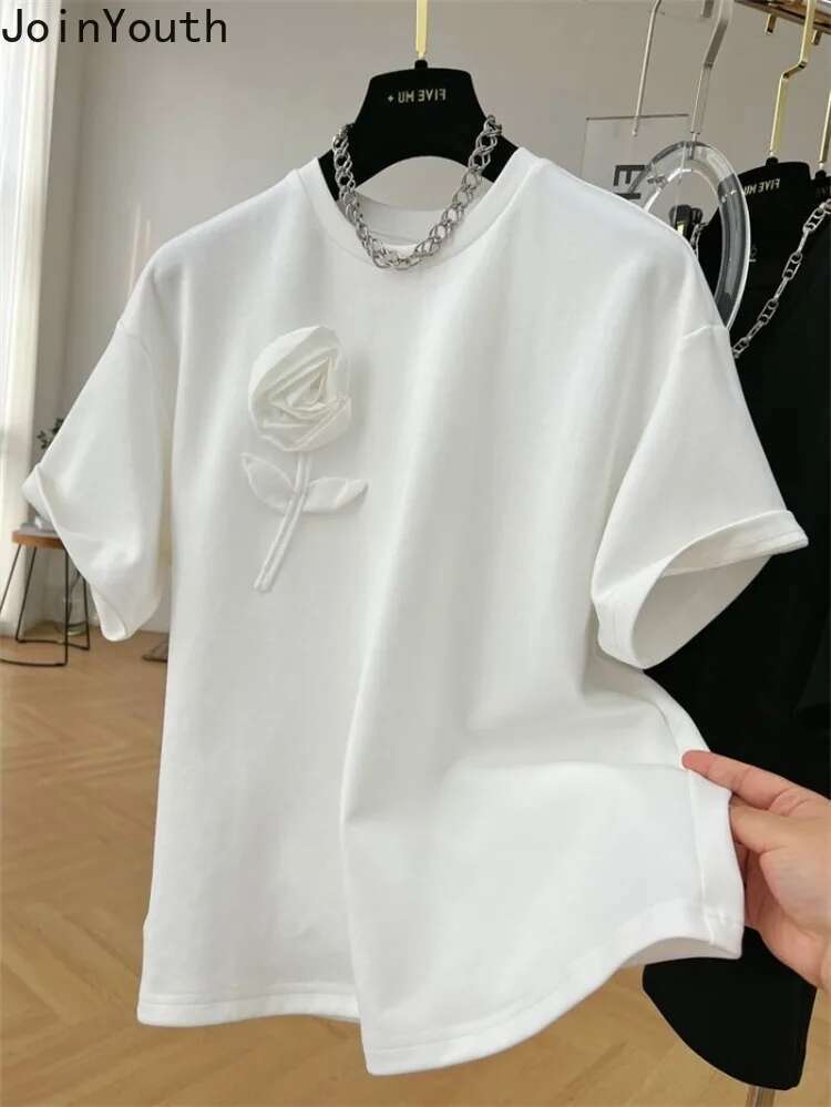 Women Clothing 3D Floral Cotton Tshirts Chic Summer Tees 2025 Ropa Mujer Short Sleeve O-neck T2k Tops Streetwear White T-shirt