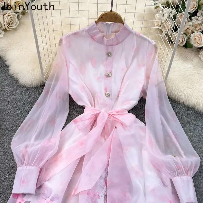 Vintage Dress for Women Lantern Sleeve Stand Neck Robe Femme 2025 Vestidos De Mujer Tunic Big Swing Summer Floral Maxi Dresses