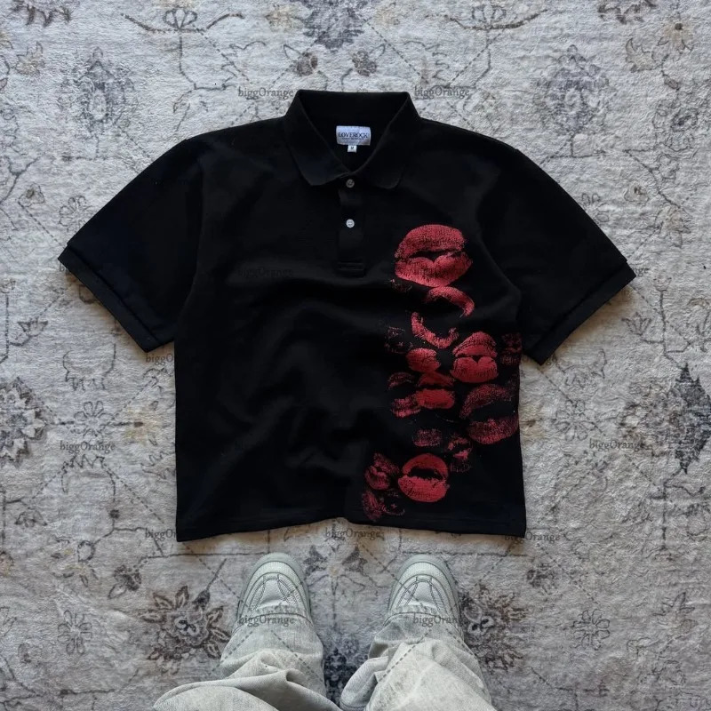Retro Harajuku Goth Punk Oversized Cotton Lapel T-shirt Men Y2k Summer Streetwear American Hip-hop Casual Trendy Polo Shirt 250617