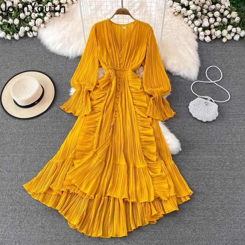 Maxi Pleated Dresses for Women Slim Waist Red Big Swing Robe Femme 2025 Vestidos De Mujer V-neck Ruffles Irregular Vintage Dress