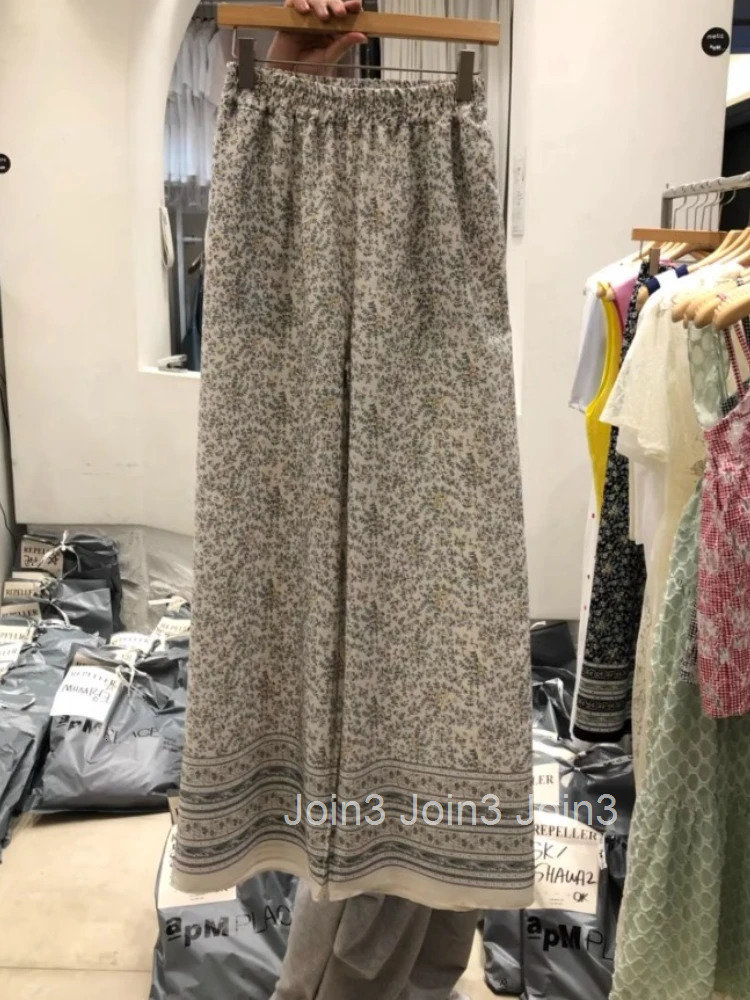Summer Vintage Wide Leg Pants Chinese Style Elastic Waist Pantalon Femme Vintage Straight Casual Chic Trousers 2025 New Bottoms