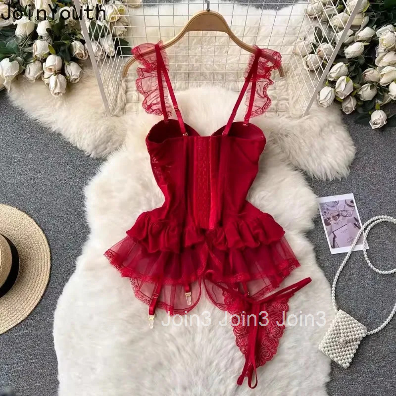 Summer Sexy Dress Suit 2 Piece Sets Korean Womens Clothing Tunci Ruffles Slim Waist Dresses Sexy Shorts Outfits Roupas Femme