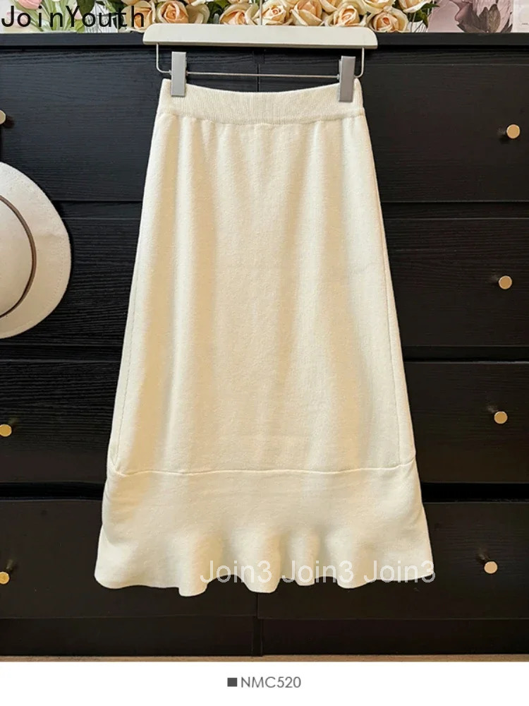Knitted Women Skirts Vintage Korean Saia High Waist Bodycon Split Jupe 2025 Faldas Mujer De Moda Ruffles Tunic Irregular Skirt