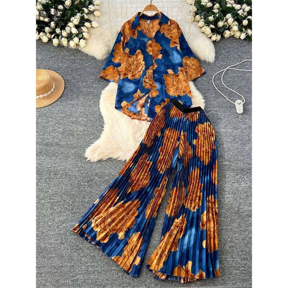 Designer Leisure High Quality SINGREINY Spring Print Two Pieces Suits Single Breasted Turn-down Collar Tops+Pleated Long Pants Women Streetwear Casual