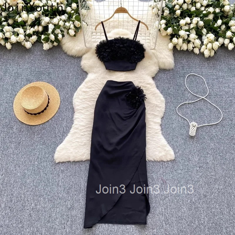 Women Clothing Skirt Suit Two Piece Set 3D Floral Sexy Vest High Waist Irregular Bodycon Skirts Outfits Temperament Summer Sets