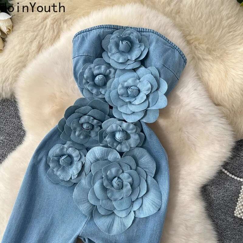 Jumpsuits for Women 2025 Summer Y2k Clothing Fashion Sexy Bodysuit Backless Sleeveless Casual 3D Floral Summer Denim Playsuit
