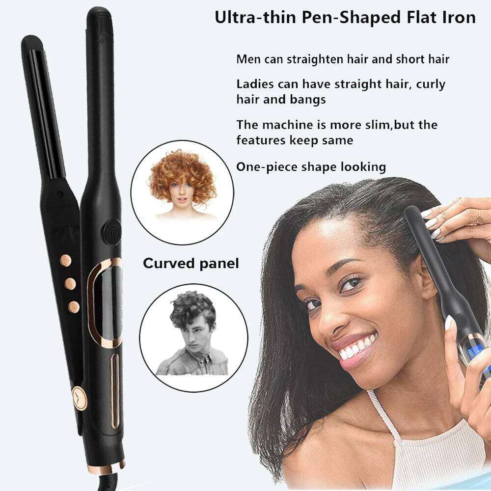 Straightener Small for Short Hair Pixie Cut Beard Thin Pencil Ceramics Flat Iron and U-shaped Splint Curler