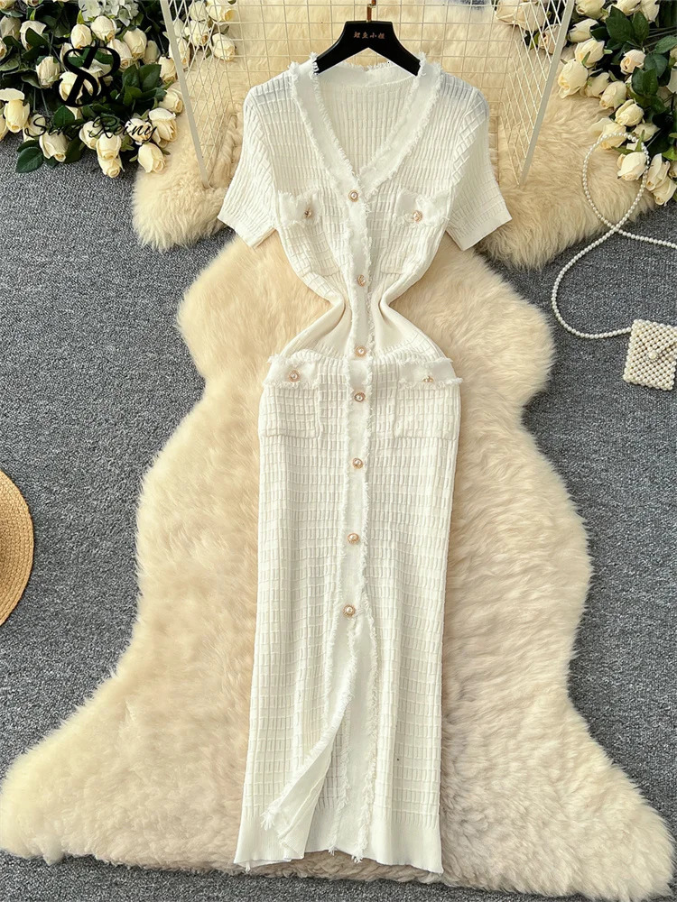 SINGREINY High Quality Elastic Knitted Long Sundress Women Short Sleeves Button Office Lady Vintage Split Slim Dress 250617