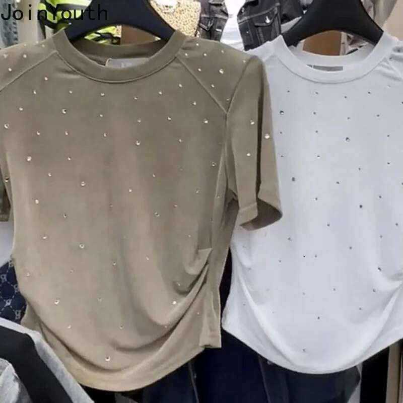 2025 Ropa Mujer Tshirts for Women White Sequin Diamond Crop Tops O-neck Tunic Short Sleeve Tees Casual Chic Sexy Y2k T Shirt