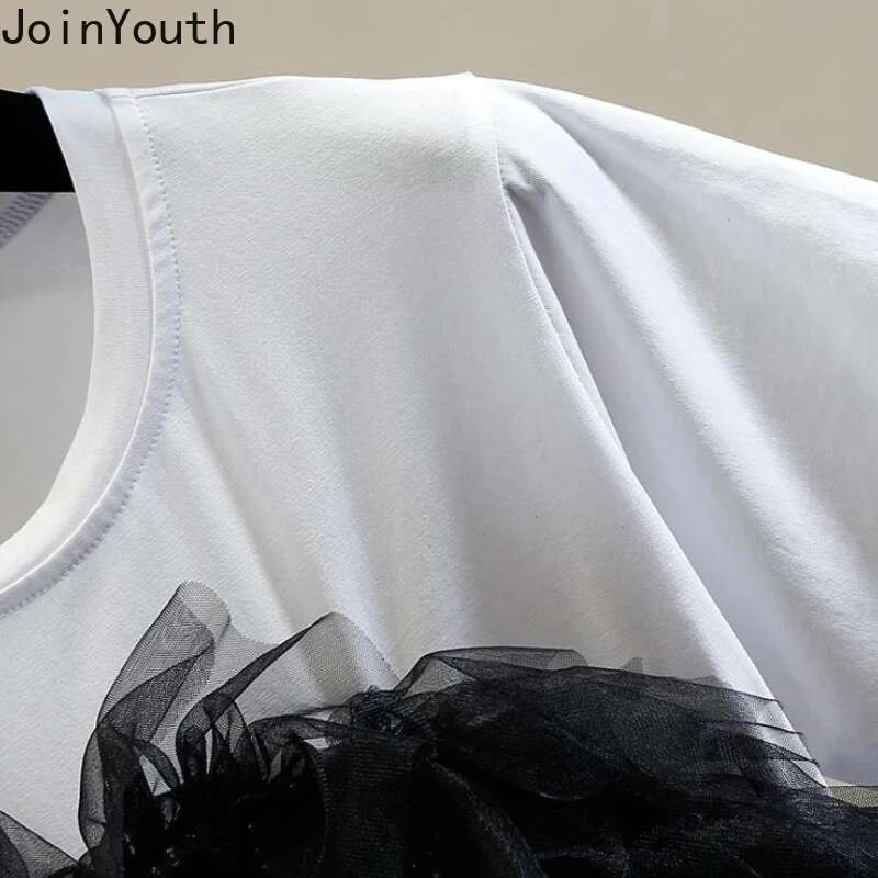 Women Clothing Summer T Shirts Short Sleeve O-neck Tees Fashion Fake Two Camisetas Patchwork Gauze Beading Ruffles Sweet Tshirt
