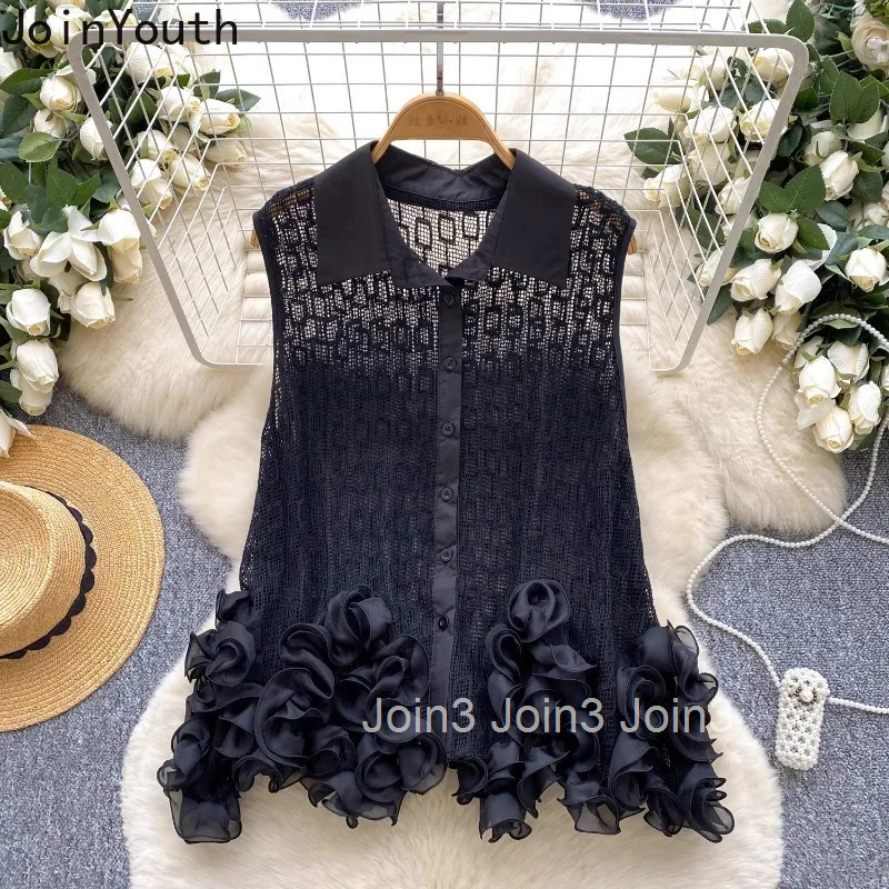 White Blouses Women Clothing Sleeveless Irregular Ruffles Hollow Out Shirts 2025 Blusas Mujer De Moda Temperament Summer Tops