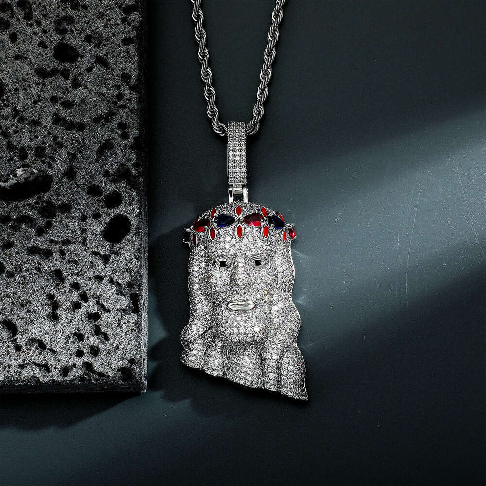 Copper Zircon Colorful Crown Hip-Hop Jesus Pendant Personality Necklace Men's Trendy Jewelry