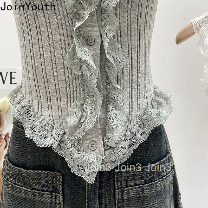 Sweet Crop Top Korean Tanks Womens Clothing Tunic Sleeveless Knitted Camis 2025 Ropa Mujer Patchwork Lace Fashion Sexy Vest