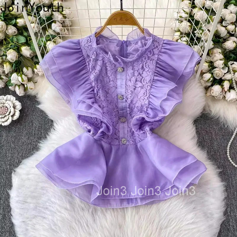 2025 Camisas De Mujer Sleeveless Stand Neck Blouse Women Clothing Heavy Lace Tunic Temperament Tops Ruffles Sweet Summer Shirts