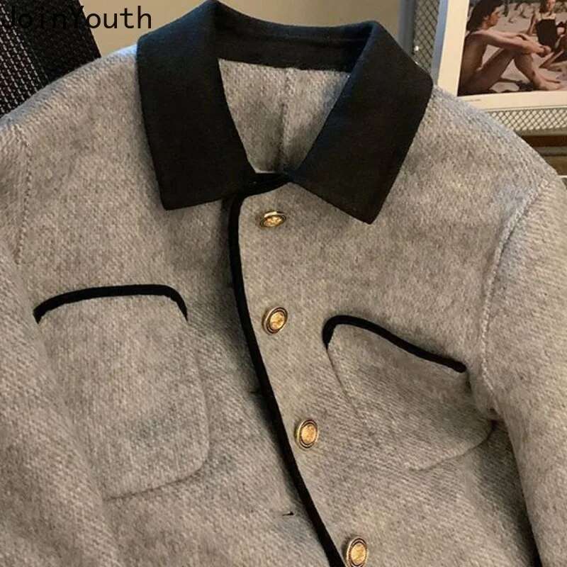 Temperament Ladies Tops Korean Vintage Jackets for Women Turndown Collar Single Breasted Outwear Fashion Solid Color Woolen Coat