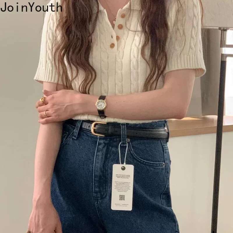 Knitted Woman Tshirts 2025 Ropa Mujer Turndown Collar Short Sleeve White Tees Fashion Ribbed Casual T Shirt Tunic Korean Tops