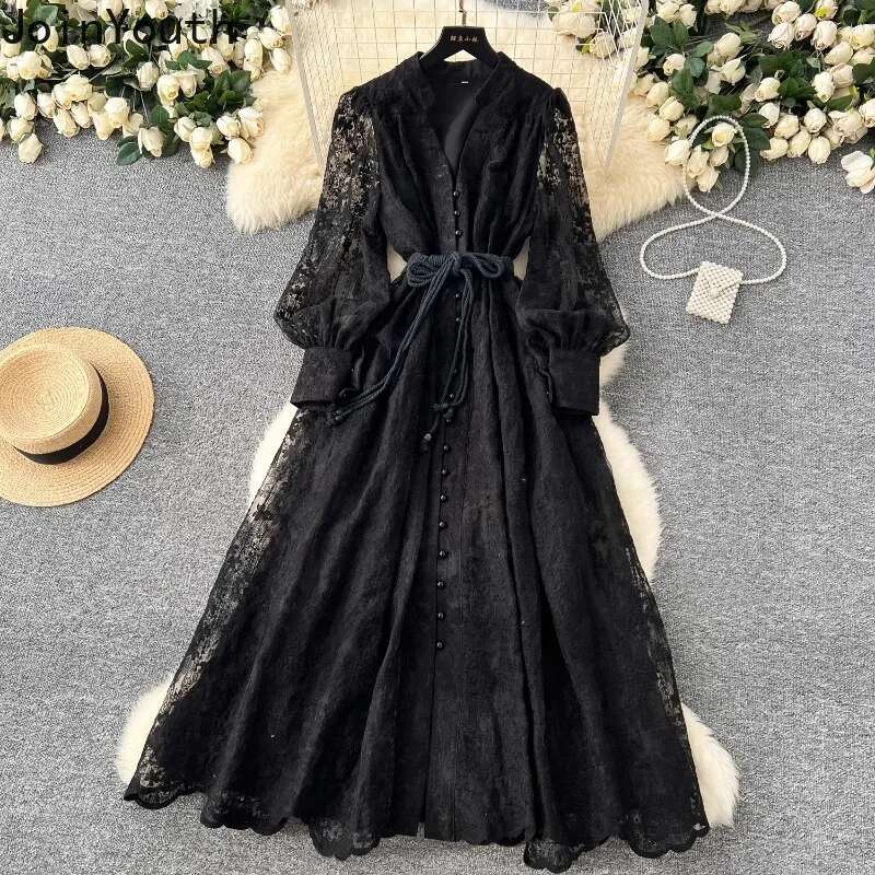 Vintage Single Breasted Dress Women 2025 Vestidos De Mujer Embroidery Slim Fit Lace V-neck Long Sleeve Temperament Robe Femme