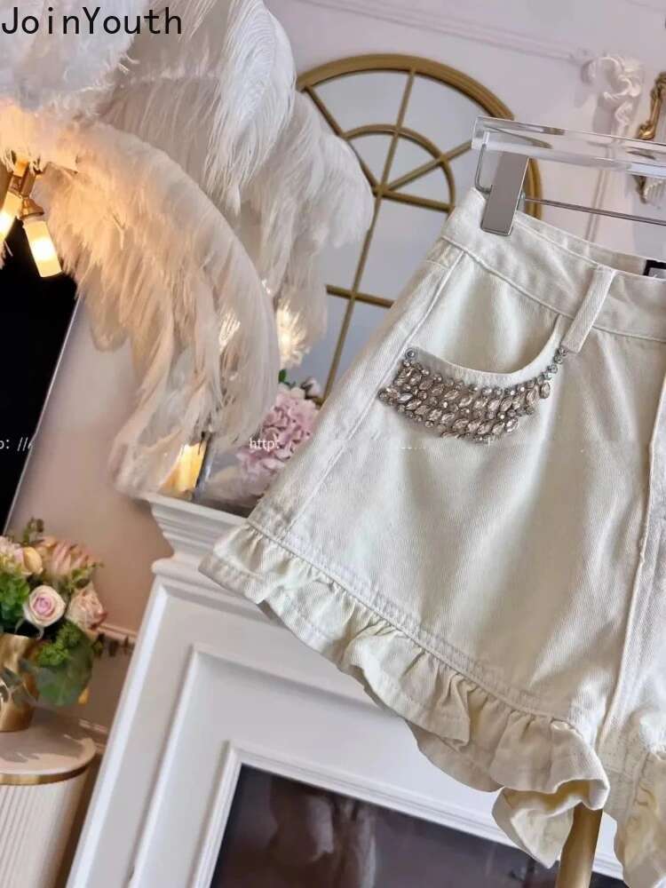 Korean Fashion Y2k Shorts for Womens High Waist Slim Fit Diamond Ruffles Wide Leg Pants Casual Summer Ruffles Pantalon Femme