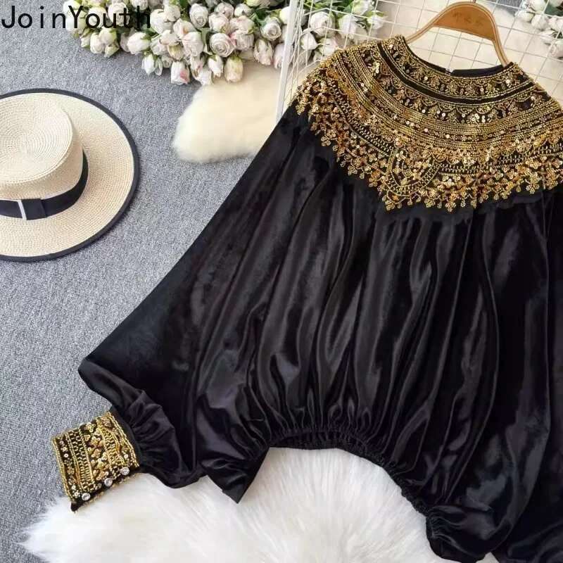 Vintage Blouses Womens Clothing Sequin Velvet Shirts 2025 Blusas De Mujer Temperament Lady Tops Loose Fashion Korean Blouse