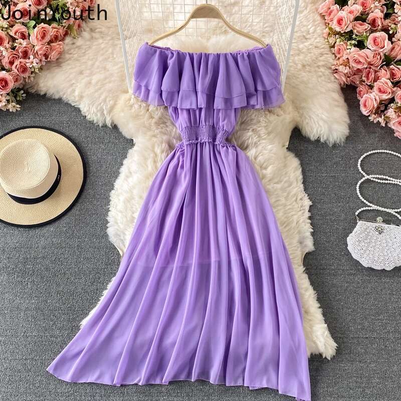 Summer Dress for Women High Waist Big Swing A-line Robe Femme Slash Neck Ruffles Chiffon Sexy Dresses 2025 Vestidos De Mujer
