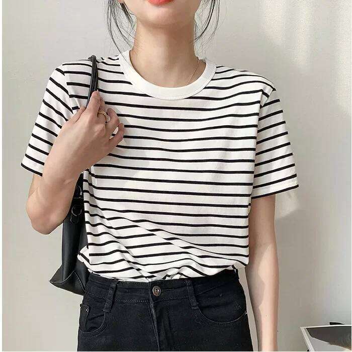 Trendy Korean Style Black And White Striped Women's Short Sleeve T-Shirt Loose Fit Round Neck Base Layer Top For Summer 2023