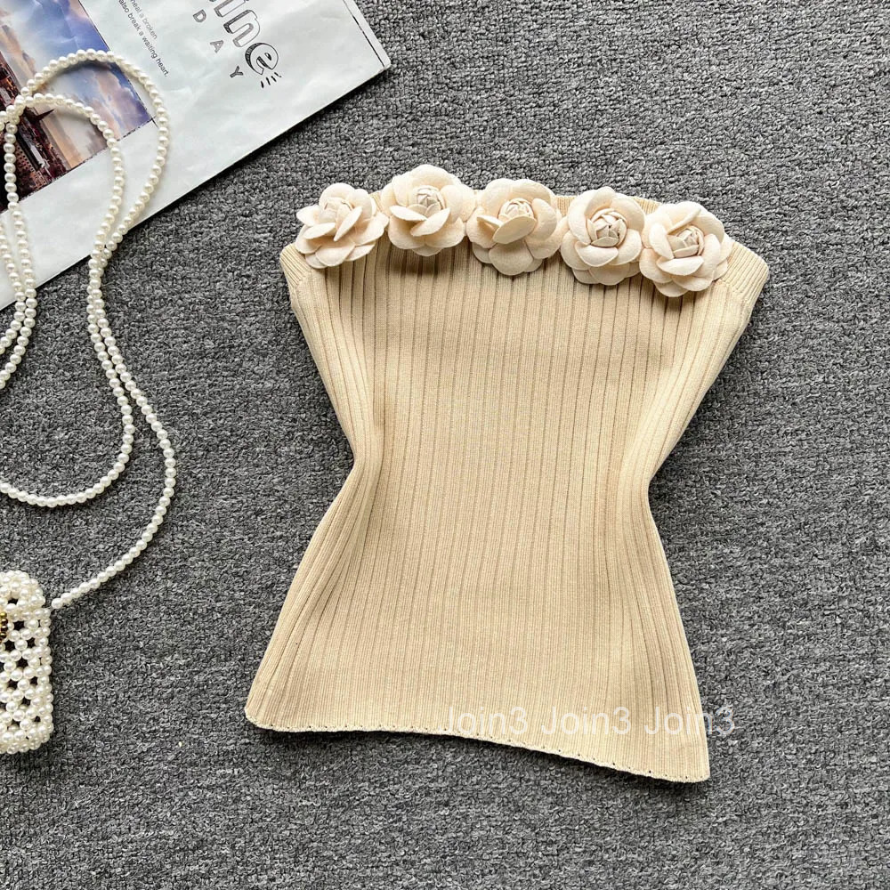 3D Floral Vest for Women Sleeveless Knitted Camis Summer Tanks 2025 Ropa Mujer Backless Fashion Tunic Sexy Strapless Crop Tops
