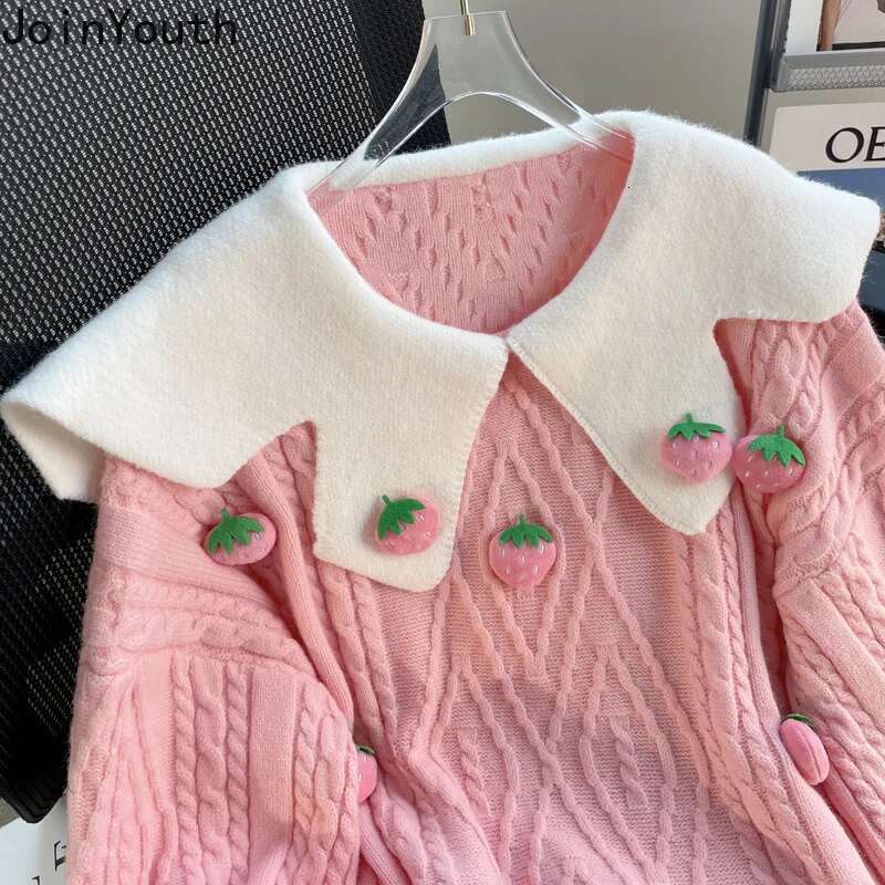 Japanese Sweet Pullover Womens Clothing Cute Peter Pan Collar 3D Strawberry Jumper Fashion Pink Knitted Sweater 2025 Ropa Mujer