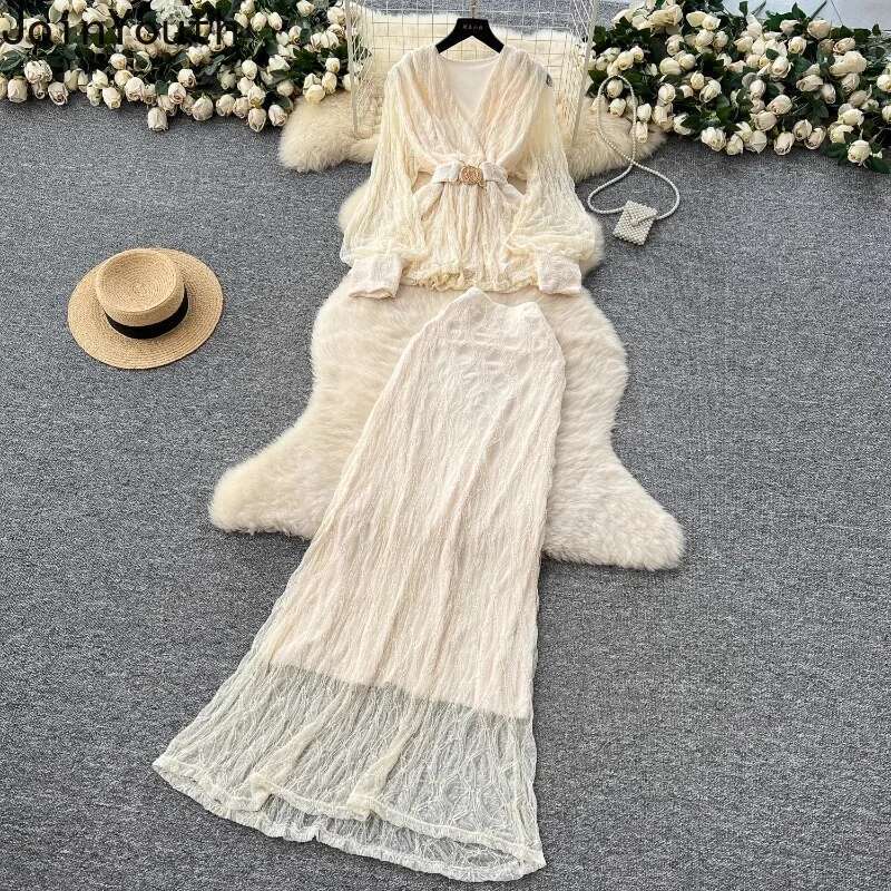 Korean 2 Piece Set Women Clothing 2025 V-neck Slim Waist Tops Slim Fit Bodycon Long Skirt Outfits Chic Temperament Folds Suit