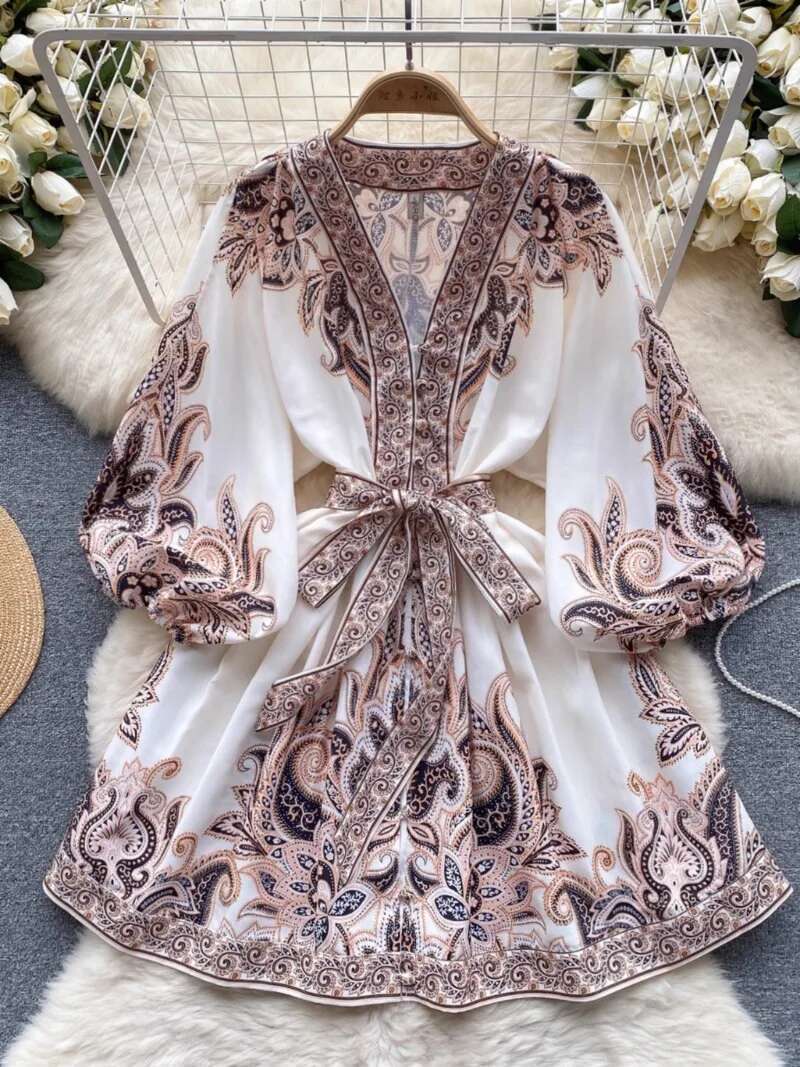 Elegant Robe Femme Floral Summer Dress for Women 2025 Vestidos De Mujer Bandage Tunic Lantern Sleeve Vintage Korean Dresses