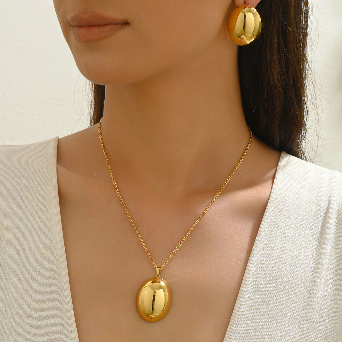 Wind Women's Long Pendant Necklace Circle Metal Design Earrings Jewelry Set For Women