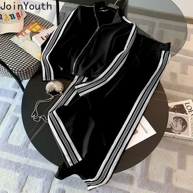Fashion Tracksuit Korean Two Piece Set for Women Zipper Crop Hoodies High Waist Straight Wide Leg Pants Outfits Casual Y2k Suit