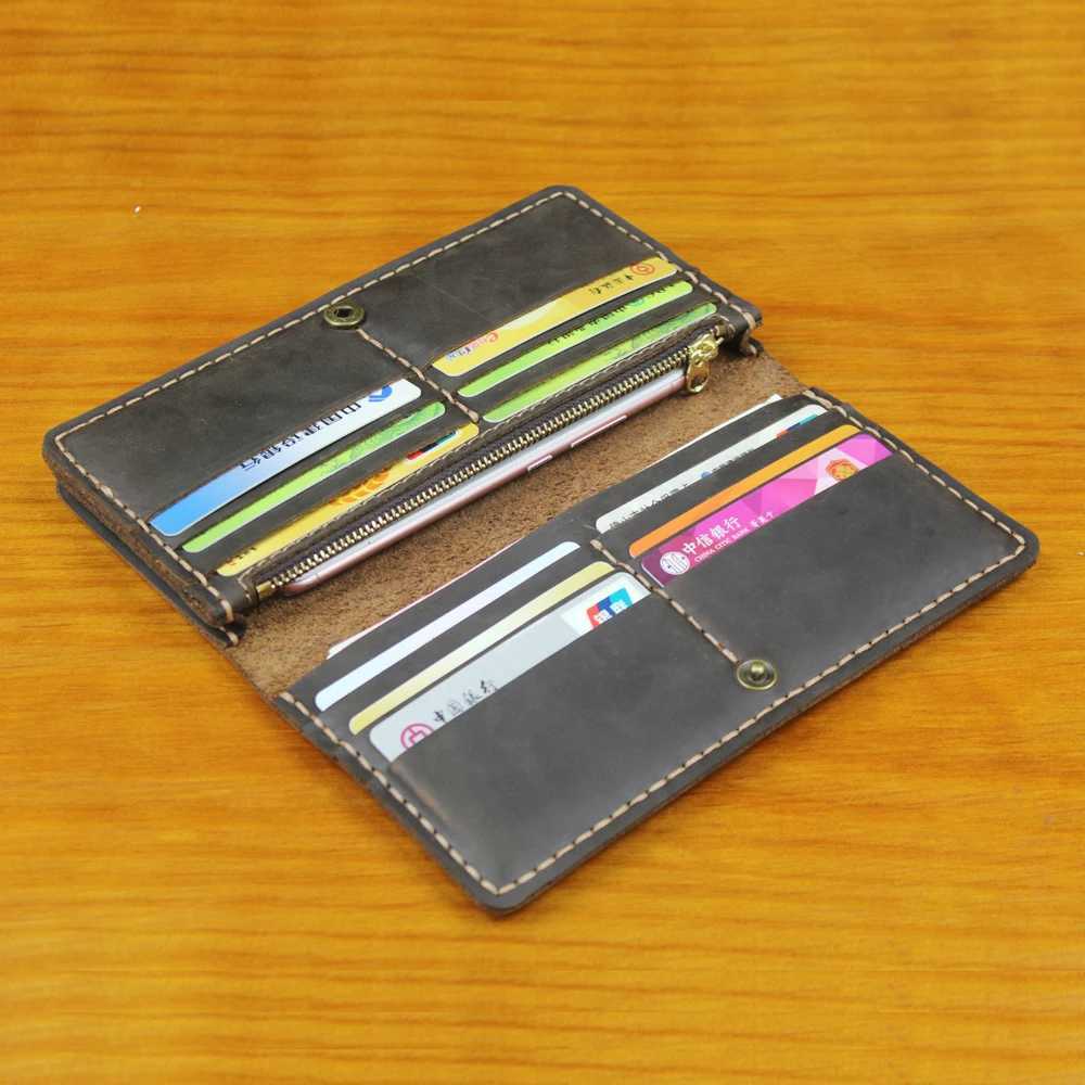 Handmade Genuine Leather Mens Long Wallet Clutch Bag Large Capacity Male Purse Money Clips Vintage Money Bag Phone Case Z250621