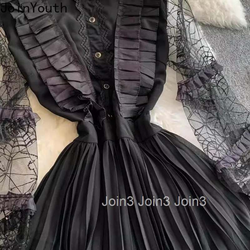 Maxi Dress Womens Clothing Long Sleeve O-neck Ruffles A-line Robe Femme 2025 Vestidos De Mujer Lace Long Sleeve Pleated Dresses