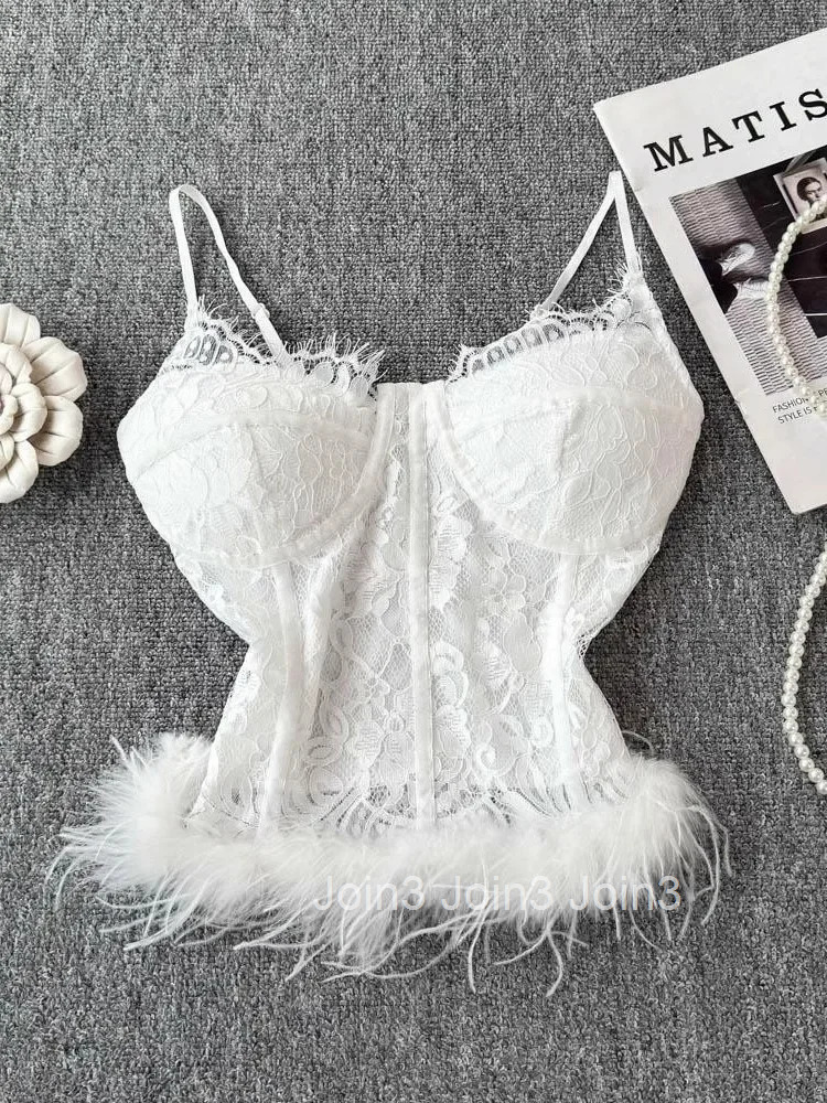 Crop Top Womens Clothing Lace Patchwork Furry Vest Sexy Backless Slim Fit Camis Fashion Korean Tanks Y2k Tops 2025 Ropa Mujer