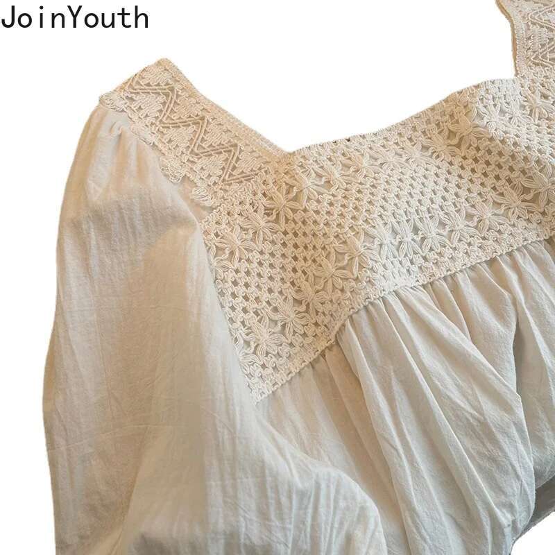 Summer Blouse Women Square Collar Short Sleeve Loose Shirts 2025 Blusas De Mujer Vintage Loose Blouses Hollow Out Korean Tops